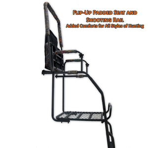 flip up padded seat and shooting rail for extra comfort and mobility in all styles of hunting