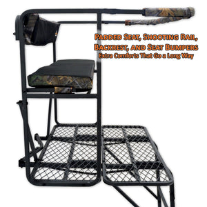 padded seat, shooting rail, backrest, and seat bumpers for extra comfort in a ladder stand