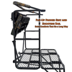flip up padded seat and shooting rail for extra comfort and mobility